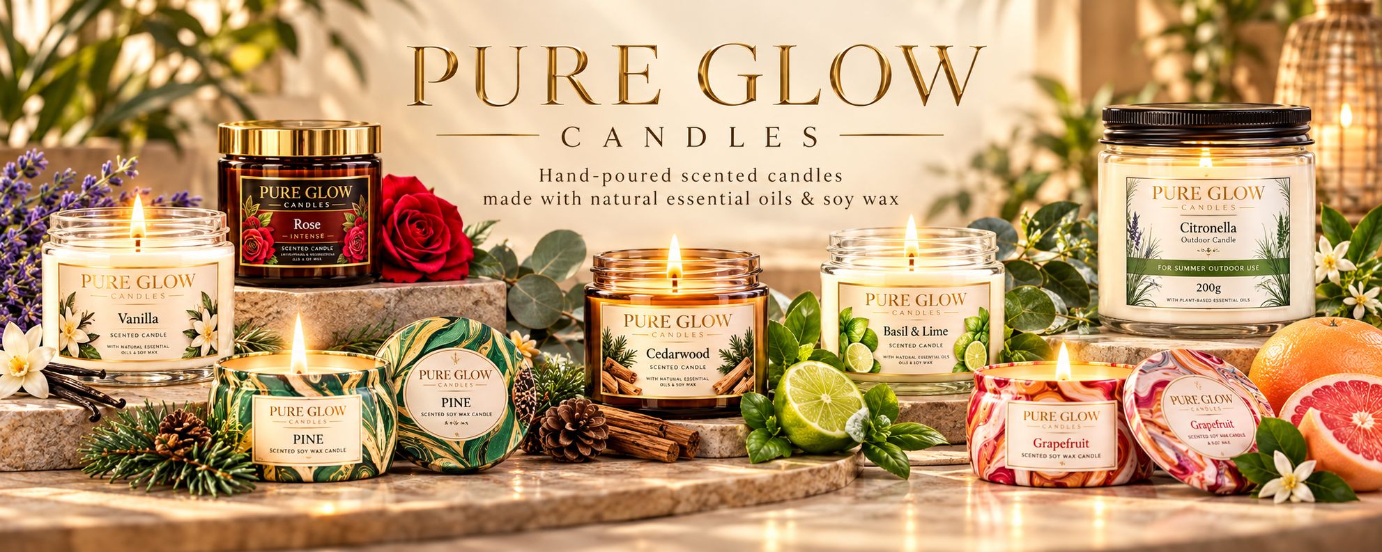 Pure Glow candles: Vanilla and Basil & Lime Signature Glass, Rose and Cedarwood Intense, Pine and Grapefruit travel tins, and a Citronella outdoor candle